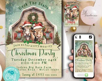 Puede incluir: Un conjunto de invitaciones imprimibles para una fiesta de Navidad con un tema de granja vintage. La invitación presenta una ilustración de dibujos animados de un granero rojo con dos vacas que llevan gorros de Papá Noel. El texto de la invitación dice: "Deck the Stalls, Join us for a very moo-ey Christmas Party, Tuesday December 24th, 2:00-6:00 PM, Jodens Big Barn Farm, Hallus Road - McCall Idaho, Tammy at (415) xxx-xxxx".