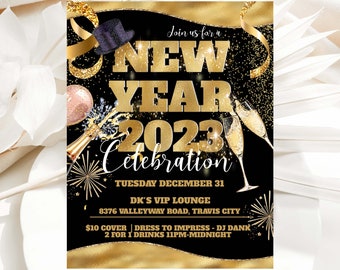 May include: A New Year 2023 Celebration flyer with a black and gold design. The flyer includes the text "Join us for a New Year 2023 Celebration" with event details. Champagne glasses and fireworks are also featured.