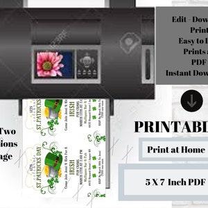 May include: A printer printing two St. Patrick's Day Irish Pub Crawl invitations per page. The invitations feature a green leprechaun hat, gold coins, and shamrocks. The image also includes the text "PRINTABLE" and "Print at Home".