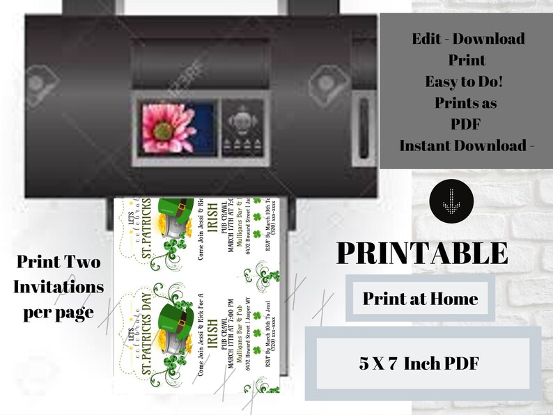 May include: A printer printing two St. Patrick's Day Irish Pub Crawl invitations per page. The invitations feature a green leprechaun hat, gold coins, and shamrocks. The image also includes the text "PRINTABLE" and "Print at Home".
