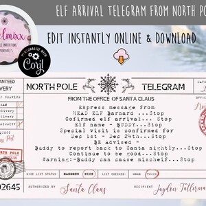 Elf Arrival Telegram, Printable North Pole Telegram, Edit and Print