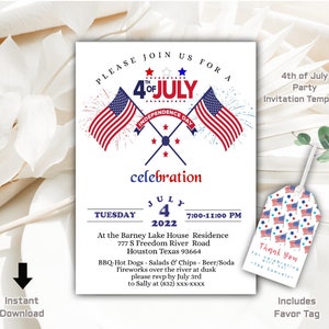 4th of July Invitation Template, Red white, and Blue Independence Day Invite,  Edit-Download-Print or Share & Post, Self-Edit - No Waiting!