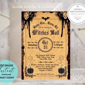 Editable Halloween Invitation Witches Ball Printable Party Invite Vintage Style Halloween Invitation Post To Social Media-Text Message-Mail