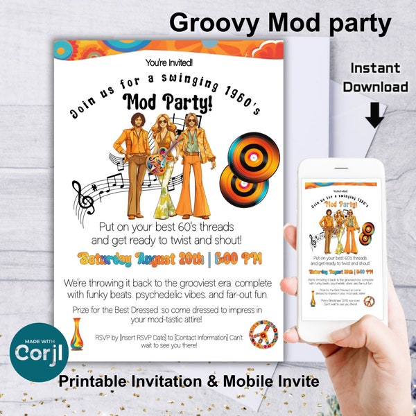 This Mod Party Invitation Is Editable Right After Purchase & Includes an Invitation, a Flyer and a Mobile Invite Sizes, Groovy Retro Design!