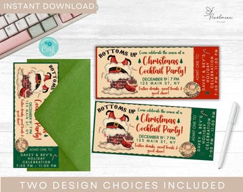 May include: A festive Christmas Cocktail Party invitation with two design choices. The invitation features Santa Claus's legs and a chimney design. The text includes event details: December 19, 7 PM, 123 Main St, NY.