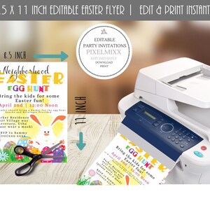 May include: Printable 8.5 x 11 inch Easter Egg Hunt invitation with a colorful bunny design. The invitation includes the text "Neighborhood Easter Egg Hunt", "Bring the kids for some Easter fun!" and "April 2nd | 12:00 Noon".