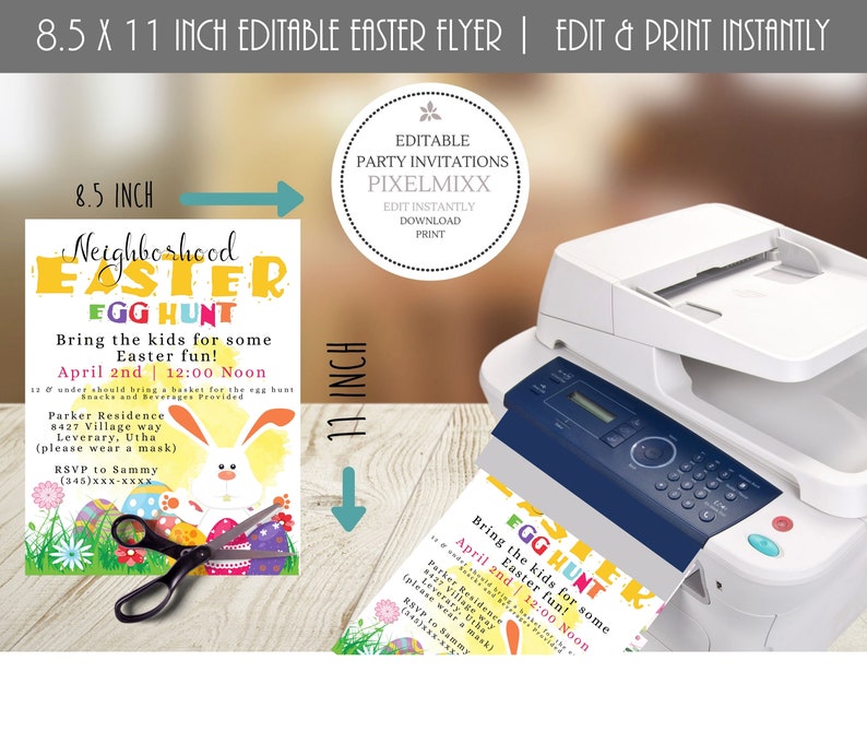 May include: Printable 8.5 x 11 inch Easter Egg Hunt invitation with a colorful bunny design. The invitation includes the text "Neighborhood Easter Egg Hunt", "Bring the kids for some Easter fun!" and "April 2nd | 12:00 Noon".