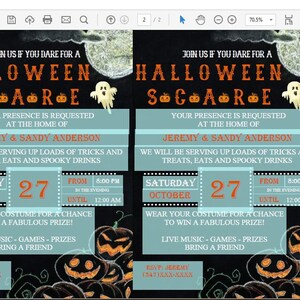 May include: Halloween party invitation with a black background and orange text. The invitation includes the text "Join us if you dare for a Halloween Scare" and details for the event, including the date, time, and location.