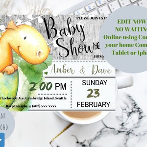 May include: A baby shower invitation with a cartoon dinosaur hatching from an egg. The invitation is decorated with green and yellow watercolor accents. The text on the invitation reads "Baby Shower", "Amber & Dave", "2:00 PM", "Sunday, February 23", "311 Lockwood Ave, Cambridge Island, Seattle", "RSVP to Kathy @ (562) XXX-XXXX", and "Instant Download".
