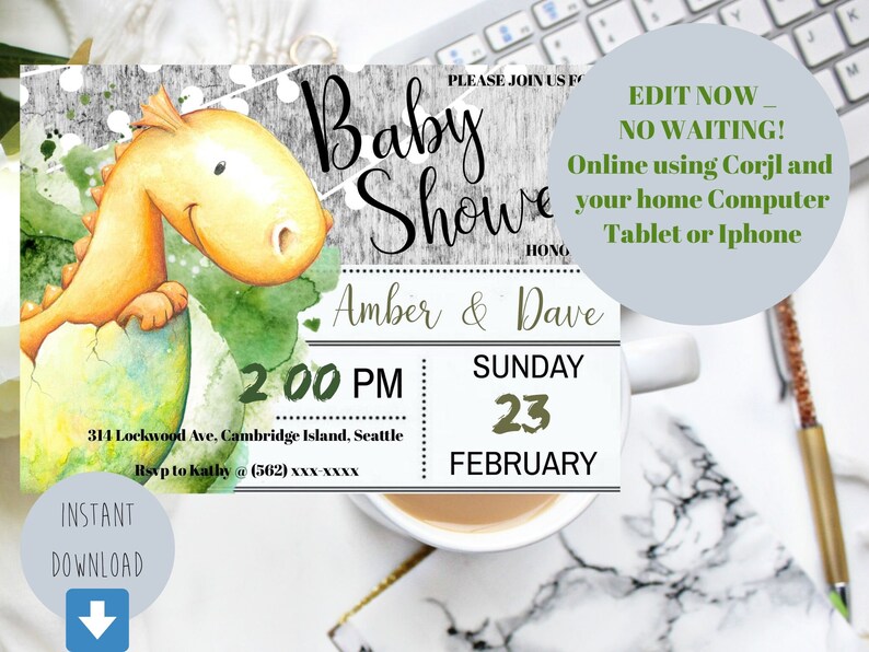 May include: A baby shower invitation with a cartoon dinosaur hatching from an egg. The invitation is decorated with green and yellow watercolor accents. The text on the invitation reads "Baby Shower", "Amber & Dave", "2:00 PM", "Sunday, February 23", "311 Lockwood Ave, Cambridge Island, Seattle", "RSVP to Kathy @ (562) XXX-XXXX", and "Instant Download".