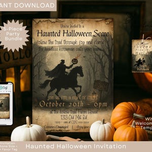 Editable Sleepy Hollow Halloween party invitation set with matching flyer, cell phone invite, welcome sign, and favor tag Headless Horseman