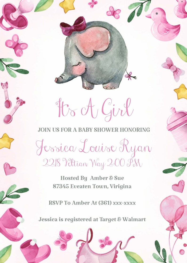 Pink Elephant Baby Shower Invitation Elephant Baby Shower Etsy