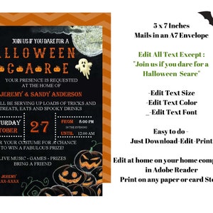 May include: Halloween party invitation with a black background and orange accents. The invitation includes the text "Halloween Scare" with a ghost and jack-o'-lanterns. The invitation is 5 x 7 inches and mails in an A7 envelope.