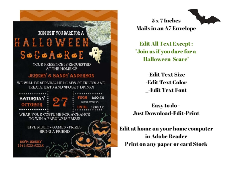May include: Halloween party invitation with a black background and orange accents. The invitation includes the text "Halloween Scare" with a ghost and jack-o'-lanterns. The invitation is 5 x 7 inches and mails in an A7 envelope.