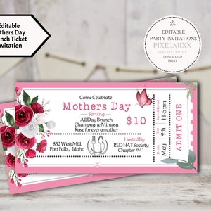 Mother's Day Brunch Ticket Invitation, Floral Brunch Tickets, Editable Mother's Day Invitation Template, Edit & Print Instantly No waiting!