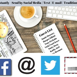 May include: A digital invitation for a baby shower with a watercolor illustration of a green dinosaur holding a blue egg. The invitation text reads "Baby Shower" and includes the date, time, and names "Amber & Dave". The invitation is displayed on a tablet computer with a cup of coffee and a keyboard in the background. A notepad with a guest list is also visible. Social media icons for Facebook, email, Twitter, and traditional mail are displayed below the invitation.