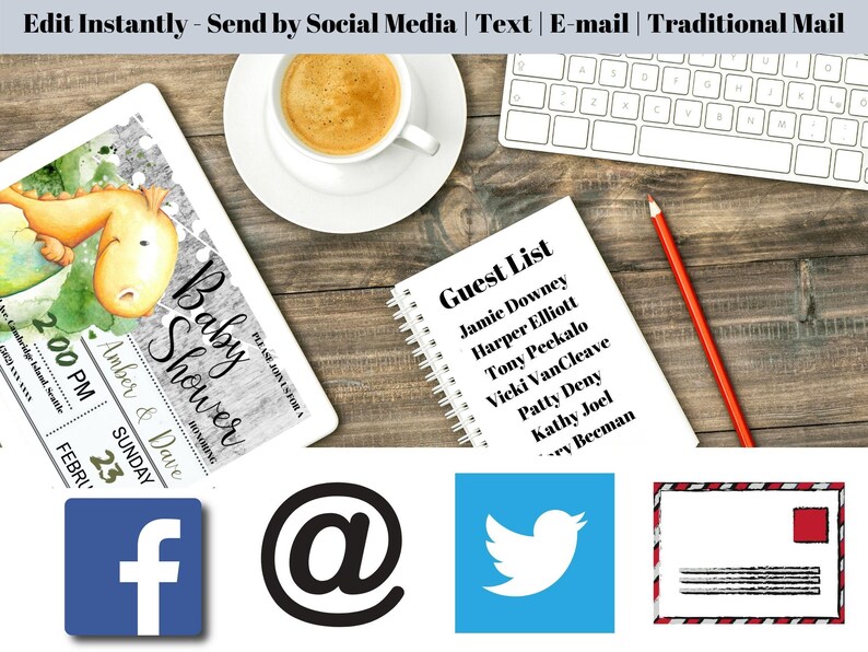 May include: A digital invitation for a baby shower with a watercolor illustration of a green dinosaur holding a blue egg. The invitation text reads "Baby Shower" and includes the date, time, and names "Amber & Dave". The invitation is displayed on a tablet computer with a cup of coffee and a keyboard in the background. A notepad with a guest list is also visible. Social media icons for Facebook, email, Twitter, and traditional mail are displayed below the invitation.
