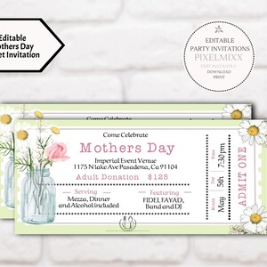 Mothers Day Event Ticket, Floral Brunch oder Dinner Ticket, bearbeitbare Muttertagsfeier Ticketvorlage, sofort bearbeiten und drucken Keine Wartezeit!