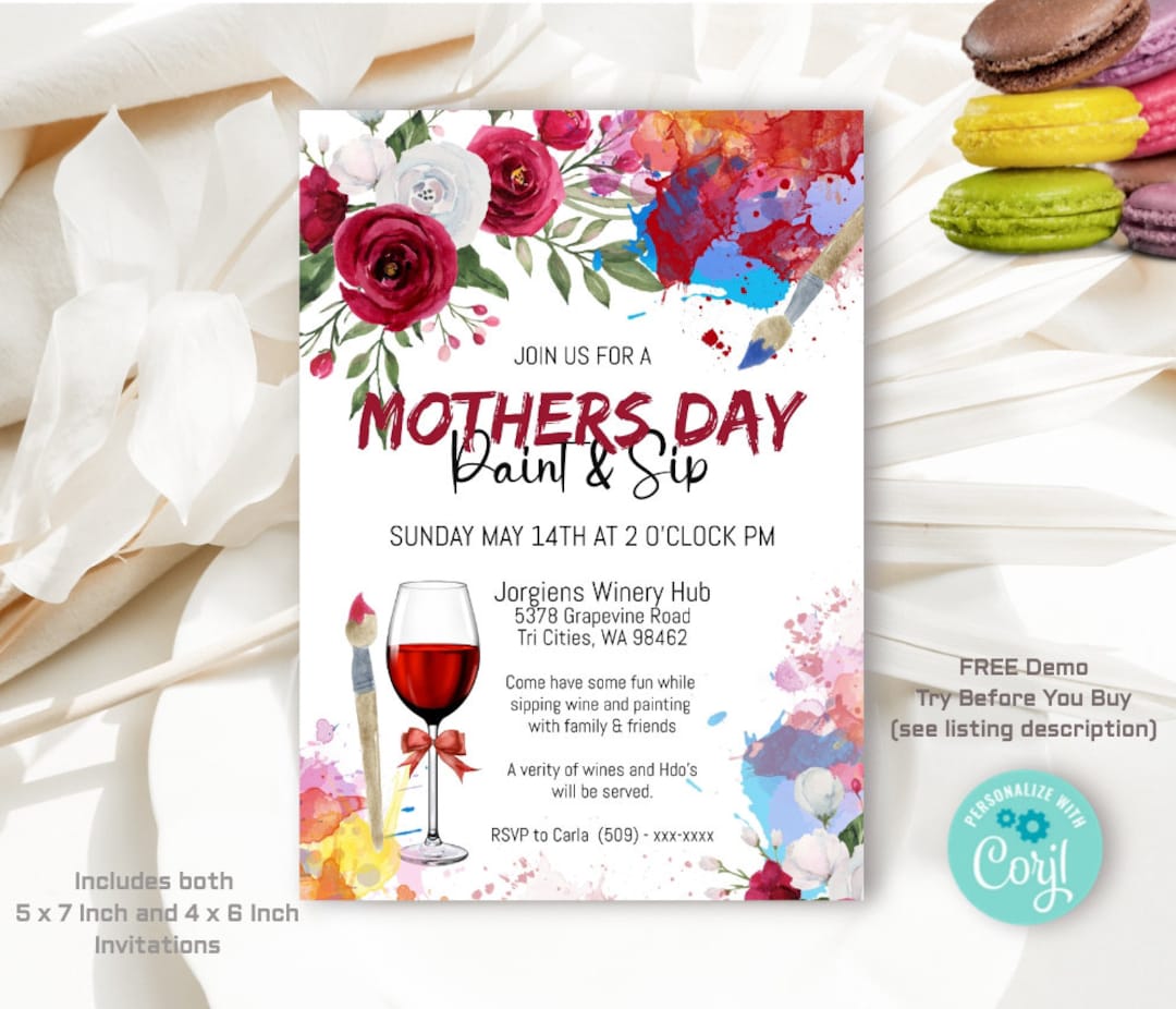 Mothers Day Paint and Sip Invitation, Mother's Day Gift Idea, Moms Day