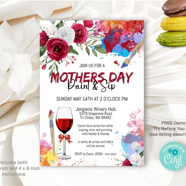 Mothers Day Paint and Sip Invitation, Mother's Day Gift Idea, Moms Day Activity, Edit & Print Instant Download, EDIT NOW With No Waiting!!