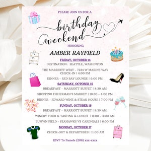 EDITABLE Birthday Weekend Itinerary, Girls Weekend, Printable Instant Download, Party Invitation, Vegas Itinerary, Seattle itinerary Agenda