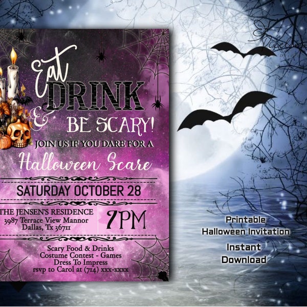 Printable Halloween Party Invitation Template, Editable Instant Download Eat Drink and Be Scary Party Invite, Fast & Easy Mail Share or Post