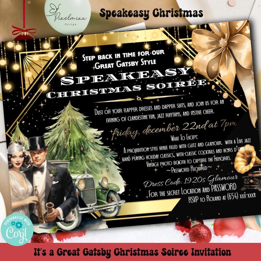 Gatsby Christmas Party Invitation: Vintage Speakeasy Template