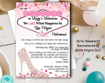 BEWERKBARE 'Girls Night Out' Vegas Party uitnodiging, Super leuk "We zijn wat er gebeurt in Vegas" Girls Weekend uitnodigen Bachelorette Party Flyer