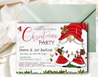 May include: A Christmas party invitation featuring a cartoon gnome wearing a red and white striped hat, holding a string of lights. The invitation includes the text "Please join us for a Christmas Party" and "Hosted by Steve & Joy Barlow".