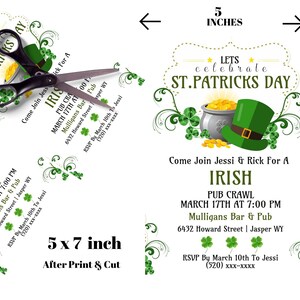 May include: A St. Patrick's Day invitation with a green leprechaun hat, pot of gold, and shamrocks. The invitation is 5 x 7 inches after printing and cutting. Text includes "Let's Celebrate St. Patrick's Day" and details for an Irish pub crawl.