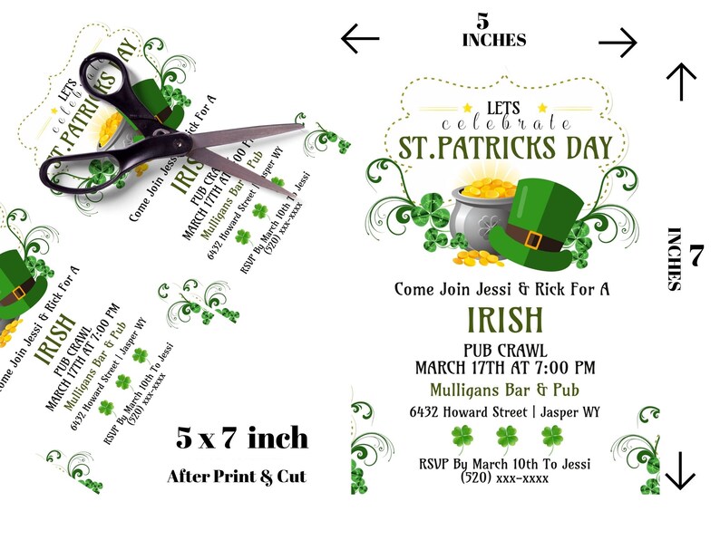 May include: A St. Patrick's Day invitation with a green leprechaun hat, pot of gold, and shamrocks. The invitation is 5 x 7 inches after printing and cutting. Text includes "Let's Celebrate St. Patrick's Day" and details for an Irish pub crawl.
