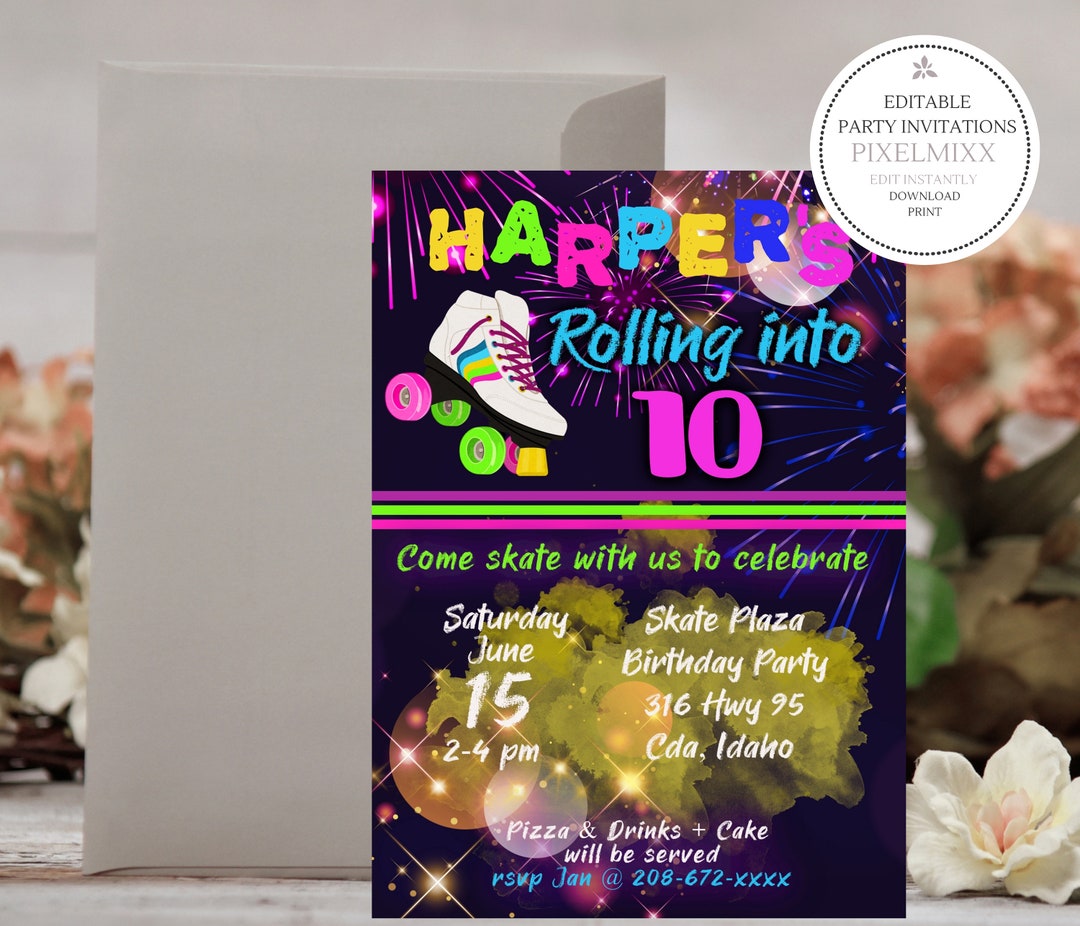 Roller Skating Birthday Party Invitation Girls Skate Party Etsy