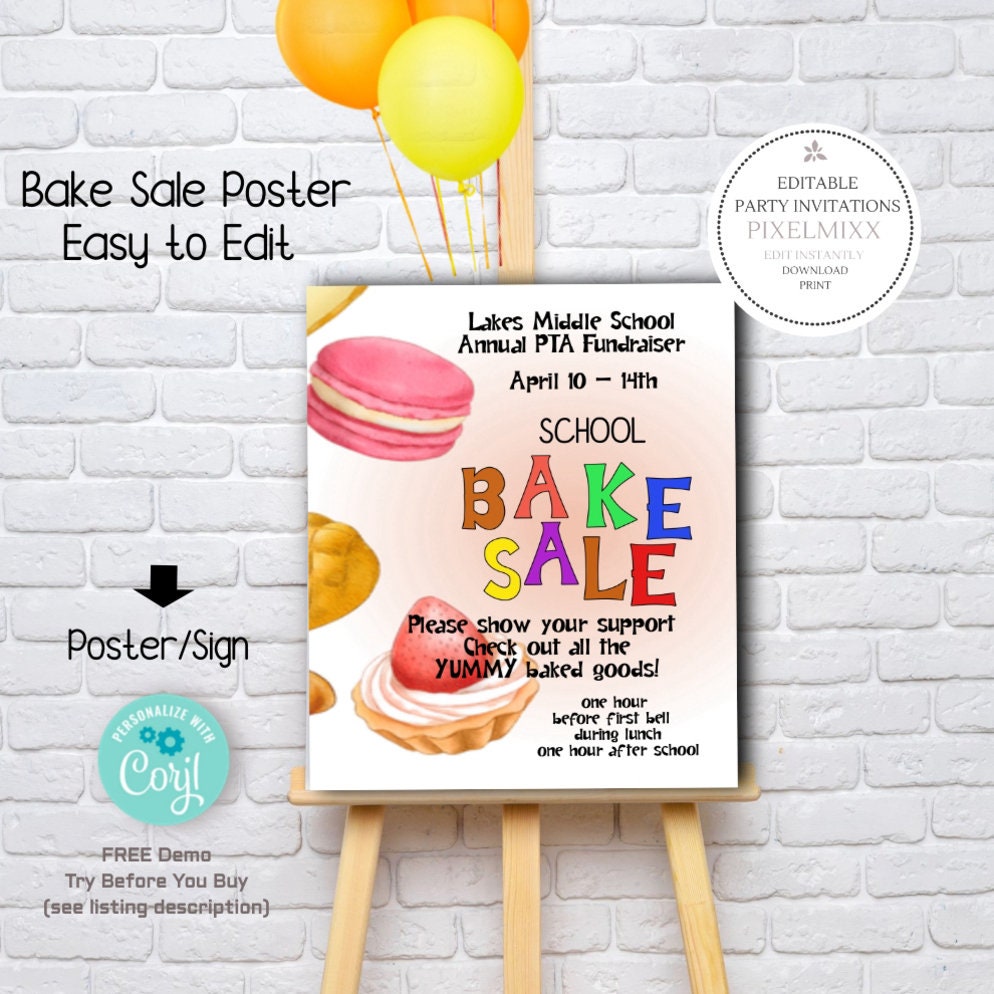 Bake Sale Poster, Easy to Edit, Great School, Club or Church Bake Sales, Fully Text Editable, Printable Instant Download Flyer - Etsy bake-sale-poster-easy-to-edit-great-school-club-or-church-bake-sales-fully-text-editable-printable-instant-download-flyer-etsy