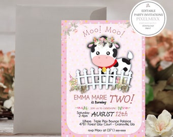 Farm Birthday Cow Party Invitation, Moo Moo I'm Two Party Invite, Girl Birthday Party Invitation template Edit & Print Instantly, No Waiting