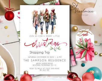 May include: A Christmas party invitation with a watercolor illustration of four women in winter clothes holding coffee cups. The text reads "Join us for a merry little Christmas Shopping Trip" and includes the date, time, and location of the event. RSVP information is also included.