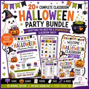 May include: A digital Halloween party bundle for classrooms featuring a ghost in a witch hat, a pumpkin, and a cauldron. The text reads 20+ COMPLETE CLASSROOM HALLOWEEN PARTY BUNDLE, including an editable flyer, bingo cards, and a teacher checklist.