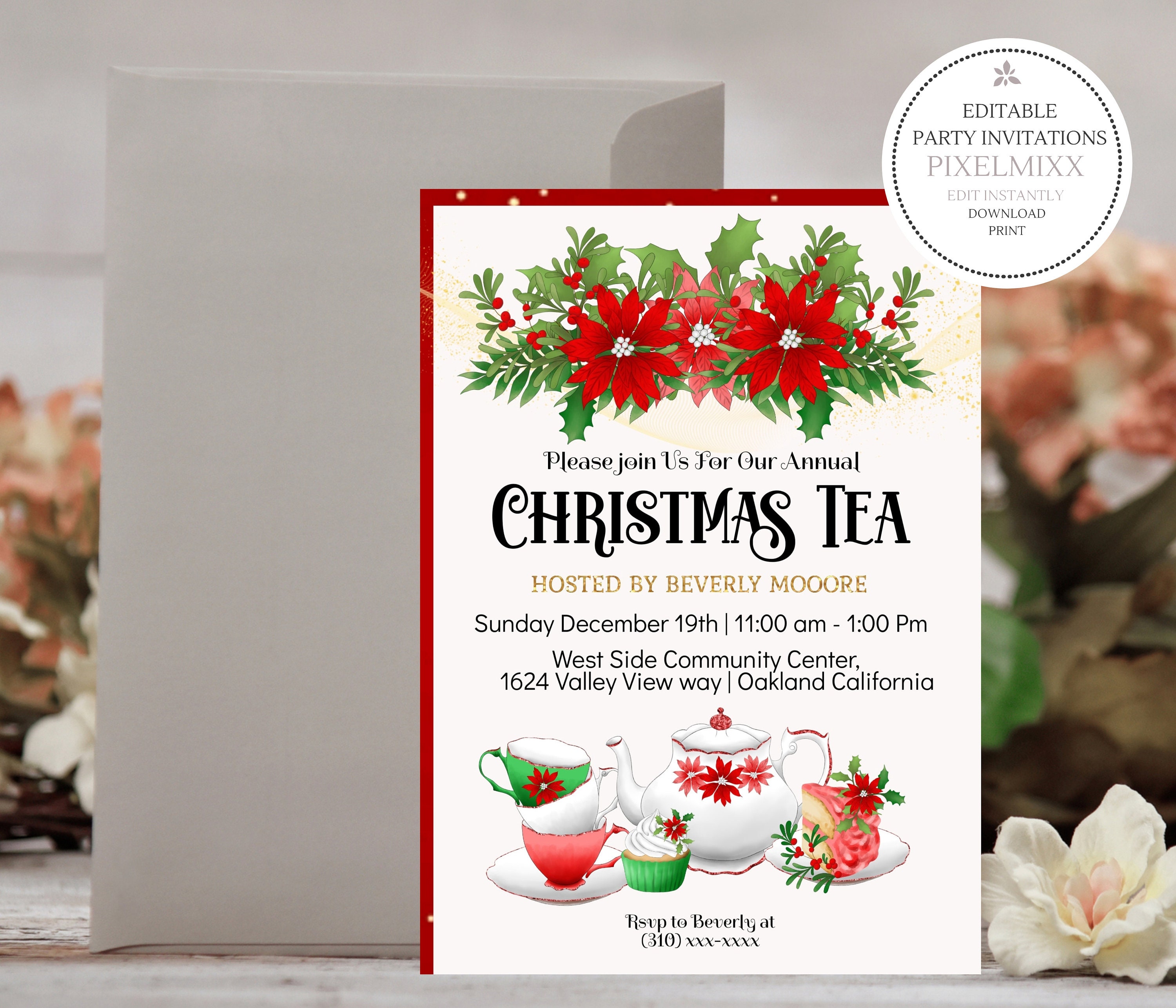christmas tea party invitation, edit & print instantly, digital