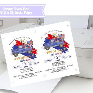 May include: Invitation to a 4th of July celebration on Monday, July 4th, 2022 from 7:00 PM to 11:00 PM at the Chara Residence, 777 S Freedom Road, Houston, Texas 77043. The invitation features a blue pickup truck decorated with American flags and fireworks, driving through a red, white, and blue painted background. The invitation also includes details about the event, such as BBQ, hot dogs, salads, chips, and beer/soda.