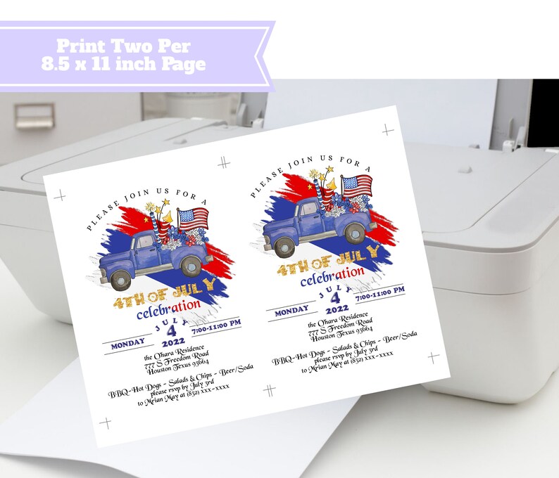 May include: Invitation to a 4th of July celebration on Monday, July 4th, 2022 from 7:00 PM to 11:00 PM at the Chara Residence, 777 S Freedom Road, Houston, Texas 77043. The invitation features a blue pickup truck decorated with American flags and fireworks, driving through a red, white, and blue painted background. The invitation also includes details about the event, such as BBQ, hot dogs, salads, chips, and beer/soda.