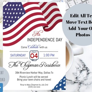 May include: Editable Independence Day party invitation template with a red, white, and blue American flag design. The text reads "It's Independence Day", "Come Celebrate with us", "Saturday, July 4th, 1:00 PM", "The Chapman Residence", "394 Riverview Harbor Way, Dallas Tx", "Picnic Lunch will be served", "Bring your lawn chairs and towel", "RSVP to Mary Chapman by July 2nd", "(215) xxx-xxxx".