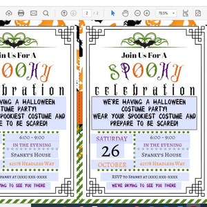 May include: Halloween party invitation with a spooky theme. The invitation features the words "Join Us For A Spooky Celebration" in orange and purple. Details include date, time, and location.
