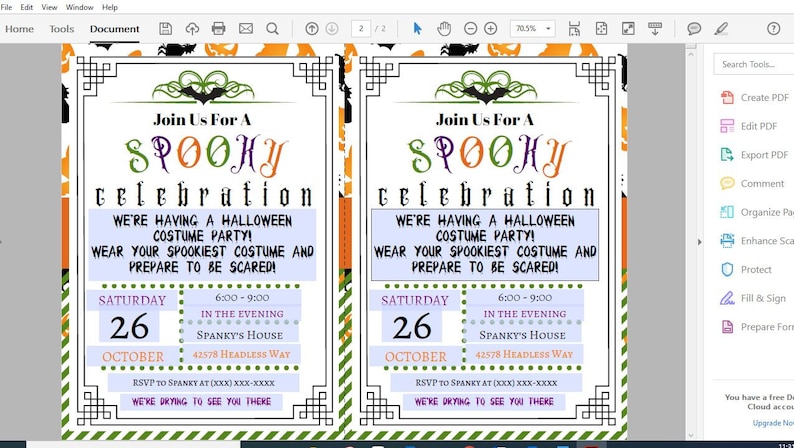 May include: Halloween party invitation with a spooky theme. The invitation features the words "Join Us For A Spooky Celebration" in orange and purple. Details include date, time, and location.