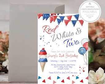 Red White and Two Birthday Invitation: Patriotic 2nd Birthday (Printable & Editable)