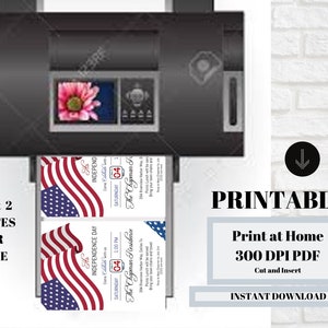 May include: Printable invitation for an Independence Day party. The invitation features a red, white, and blue American flag design with the text "His Independence Day" and "The Chapman Residence" in a black font. The invitation is designed to be printed at home and cut out.