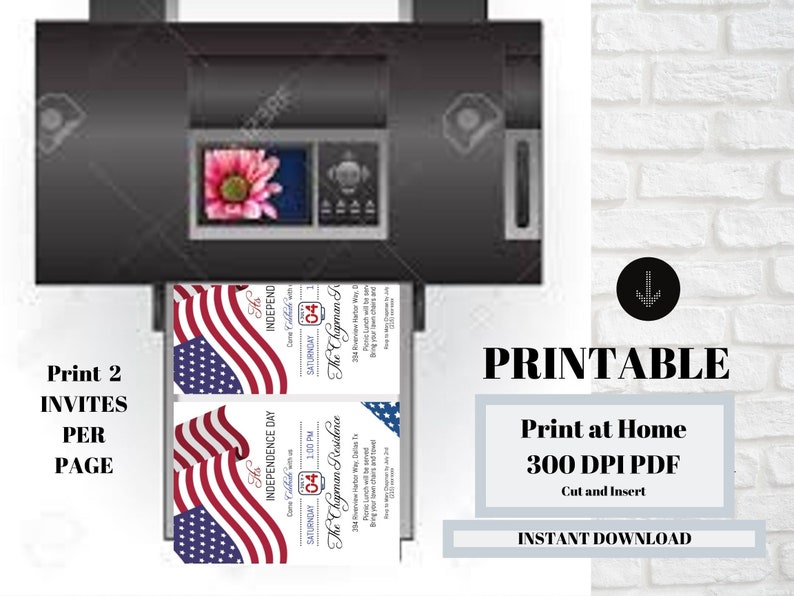May include: Printable invitation for an Independence Day party. The invitation features a red, white, and blue American flag design with the text "His Independence Day" and "The Chapman Residence" in a black font. The invitation is designed to be printed at home and cut out.