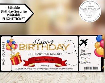 Editable Birthday Boarding Pass Ticket, Printable Fake Airline Birthday Ticket, Edit & Print Vacation Surprise Ticket Template - Edit Now!