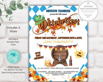May include: Editable Oktoberfest flyer template with a blue and white checkered background. The flyer features a cartoon illustration of a beer stein, pretzel, and a barrel of beer. The text on the flyer reads "Midtown Thanners present the 14th annual Oktoberfest" and "Friday and Saturday, September 29th & 30th. Join the party!"