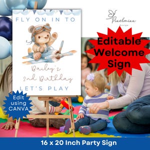 Editable Toddler Birthday Party Welcome Sign Boy Airplane Theme Aviator Bear Party Printable Canva Template Digital Instant Download