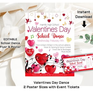 Editable School Flyer Template, Including Flyer, Poster & Tickets, Easy To Edit and Print Valentine's Day Social or Dance, DIY Flyer Temples