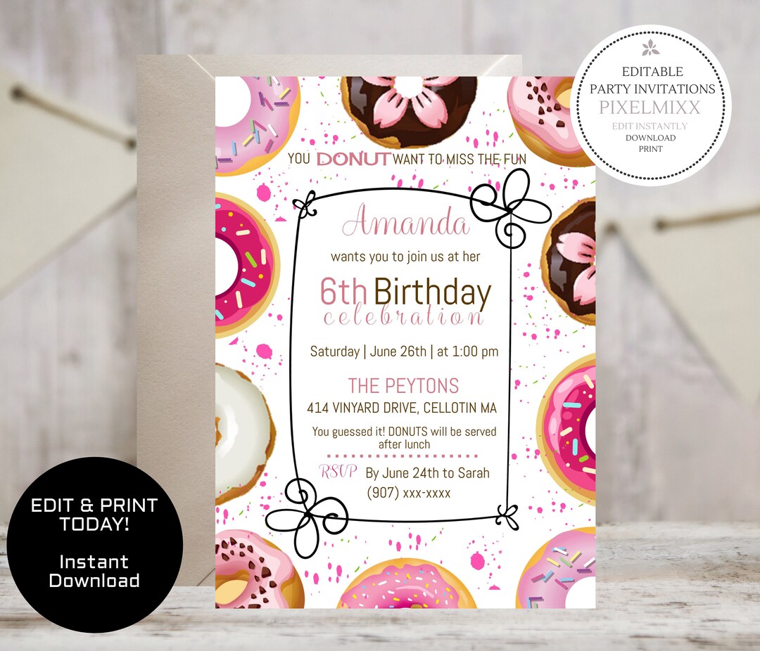 Editable Donut Party Invite Birthday Invitation Printable - Etsy